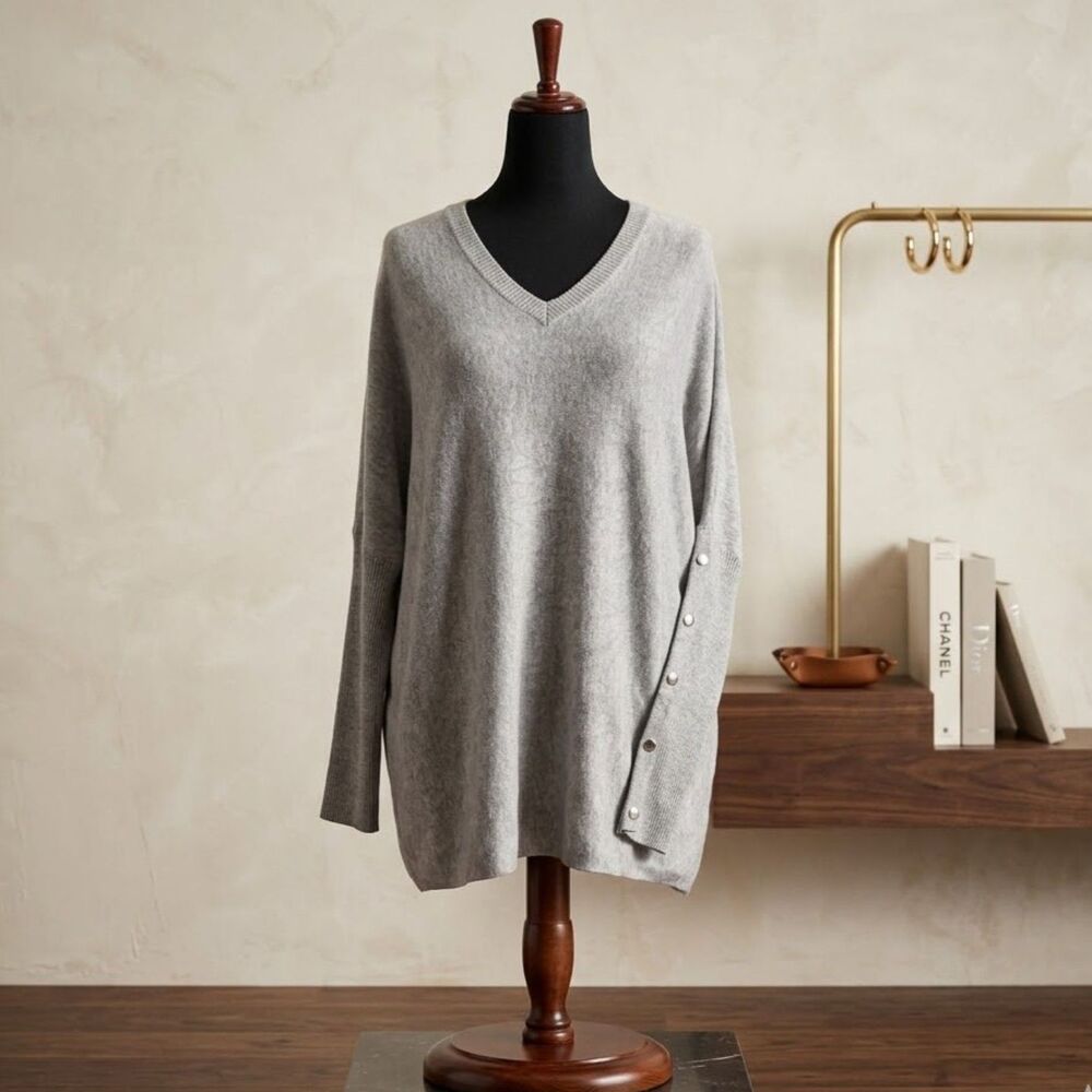 RXB Oversized V-Neck Sweater with Metallic Silver Buttons - Medium Grey